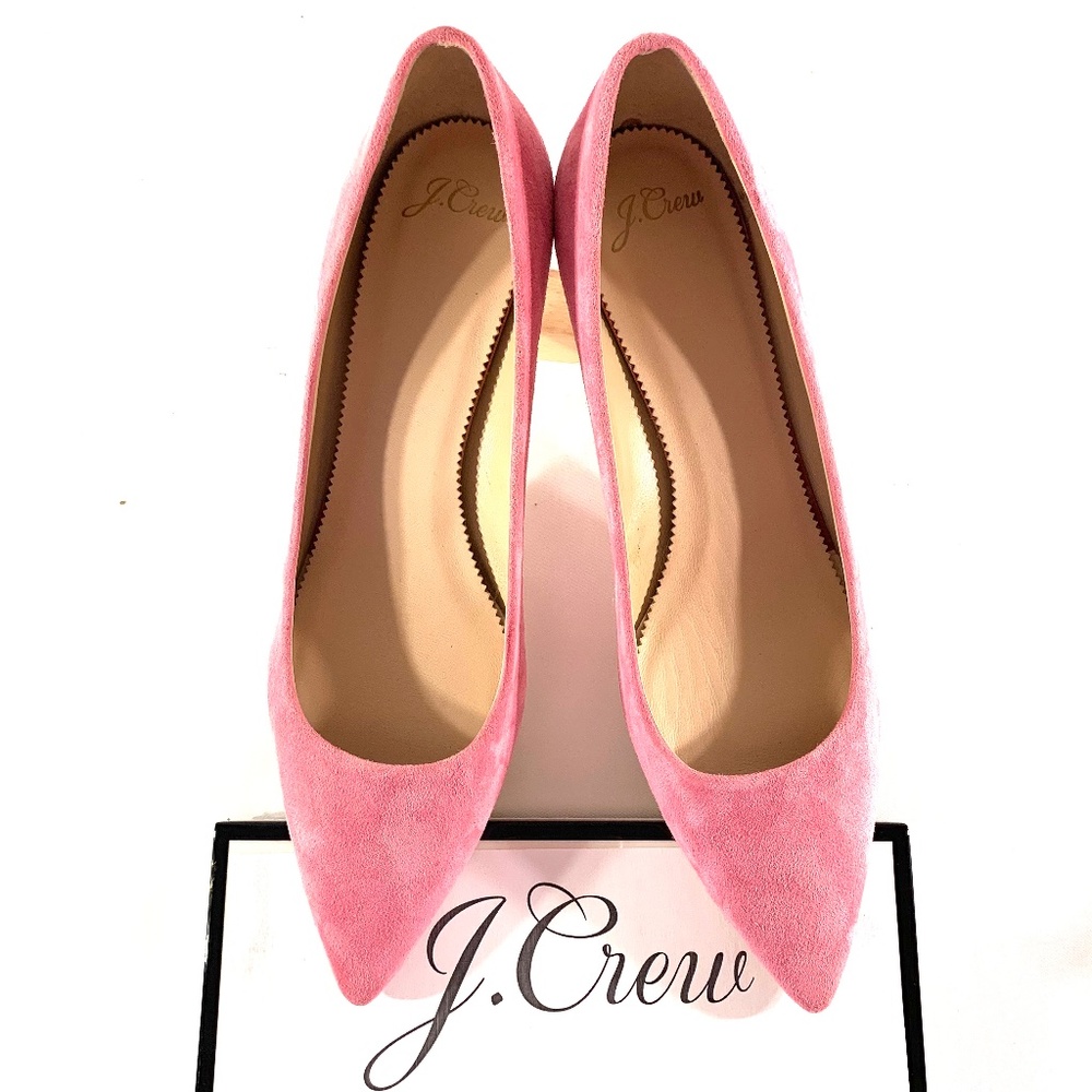 J Crew Candy Pink Suede Pointy Pumps size 9.5 low heel kitten heel 45mm 2inches